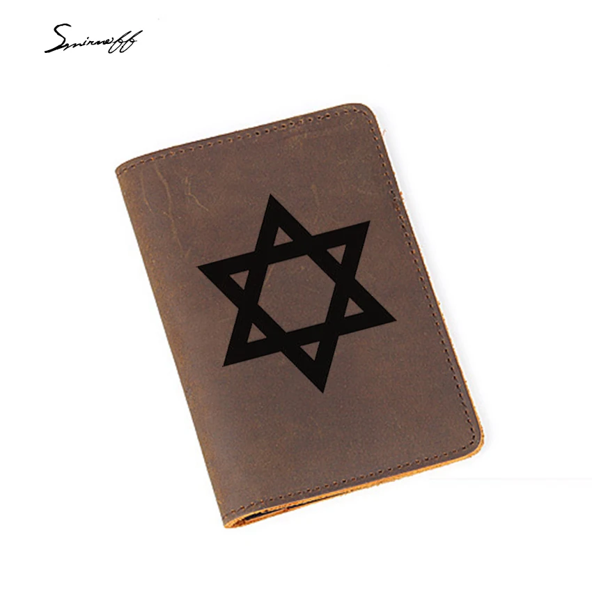 

Israel Passport Credit Card Holder Engraved Six awn star pattern Passport Holder Men Cow Leather Travel Cover for Passport