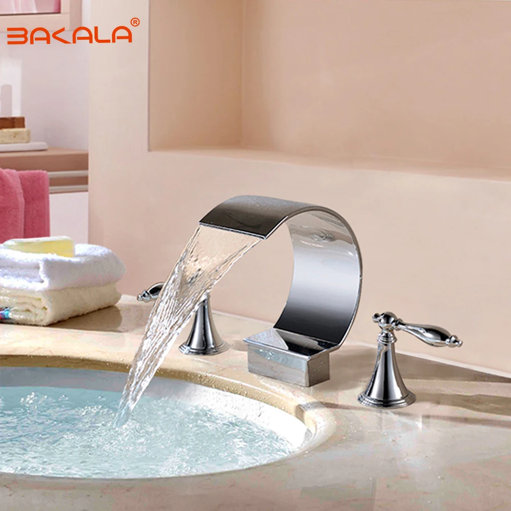 

Смесители для раковины BAKALA, латунный хромированный Водопад на раковину в ванную комнату, кран с 3 отверстиями и двойной ручкой для горячей и ...