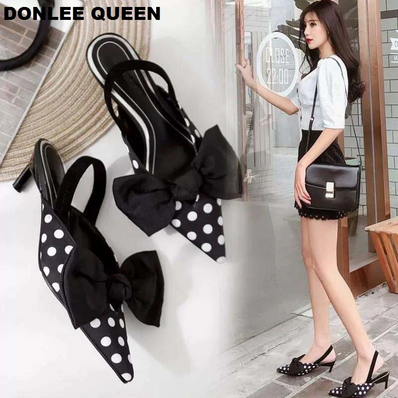 Сандалии в горошек на каблуке с острым носком женские шлепанцы бантом-бабочкой и