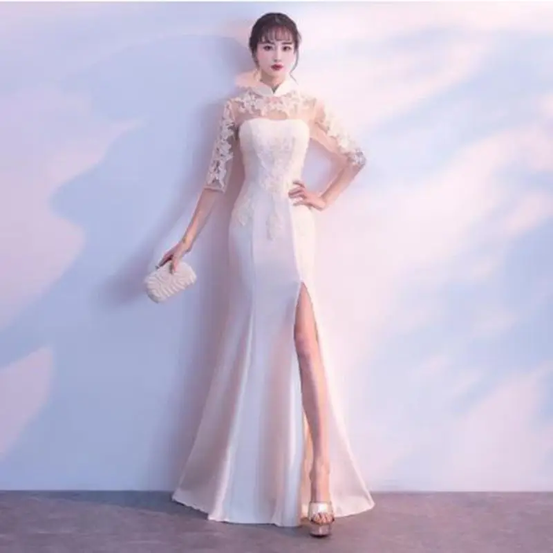 

Женское винтажное Кружевное платье-Ципао, длинное платье цвета шампанского в китайском стиле для свадьбы, пикантное платье большого размер...