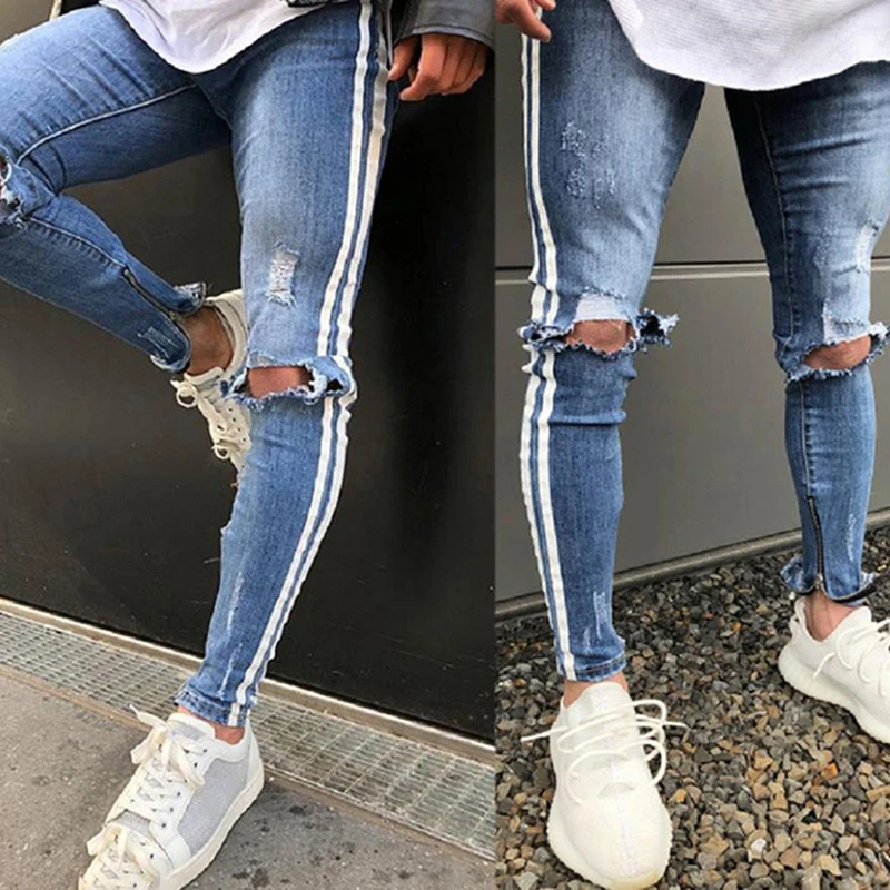 LAAMEI рваные джинсы для мужчин Slim Fit Хай-стрит брюки мужские с дыркой на колене