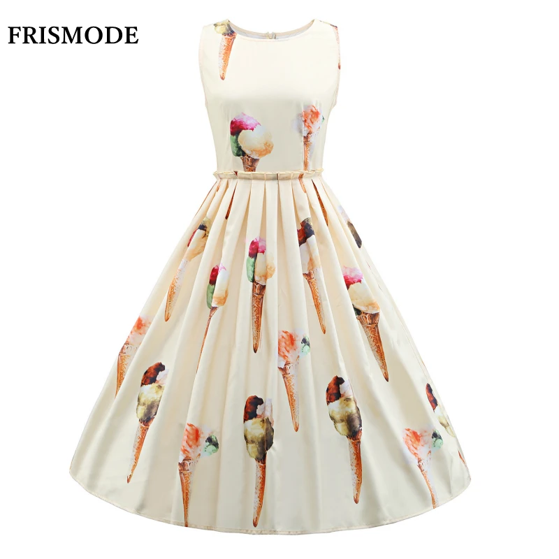 S 3XL женское милое платье миди без рукавов с принтом мороженого 2019 Новое модное