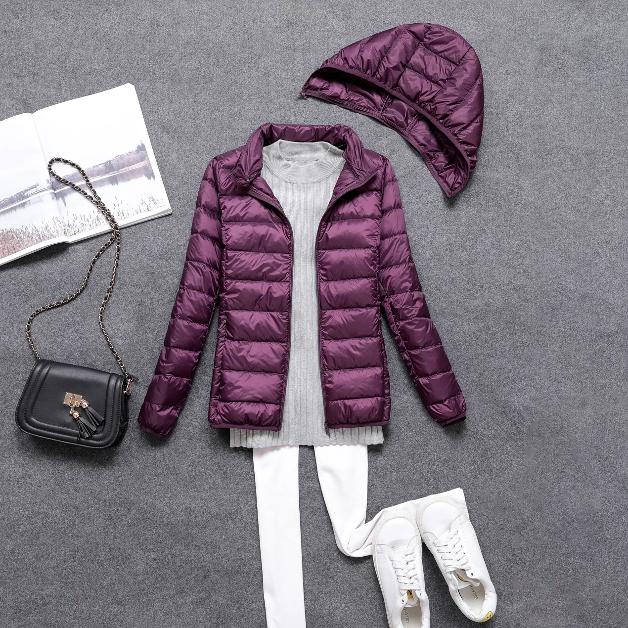 Women 90% Duck Down Ultra Light Down Jacket detachable Hat Fashion Autumn Winter Warm Slim Zipper Jackets Women - Цвет: purple