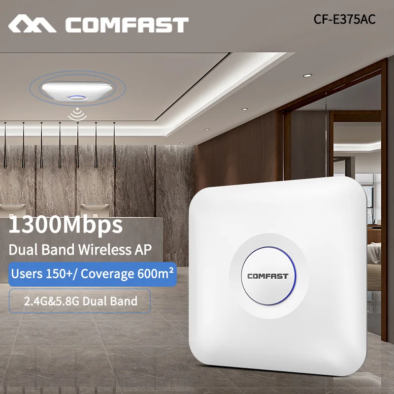 

802.11AC 2.4+5.8G Dual Band 1300Mbps Ceiling Mount 2*Gigabit Ethernet Port WiFi AP Router Wireless Access Point 48V PoE Adapter