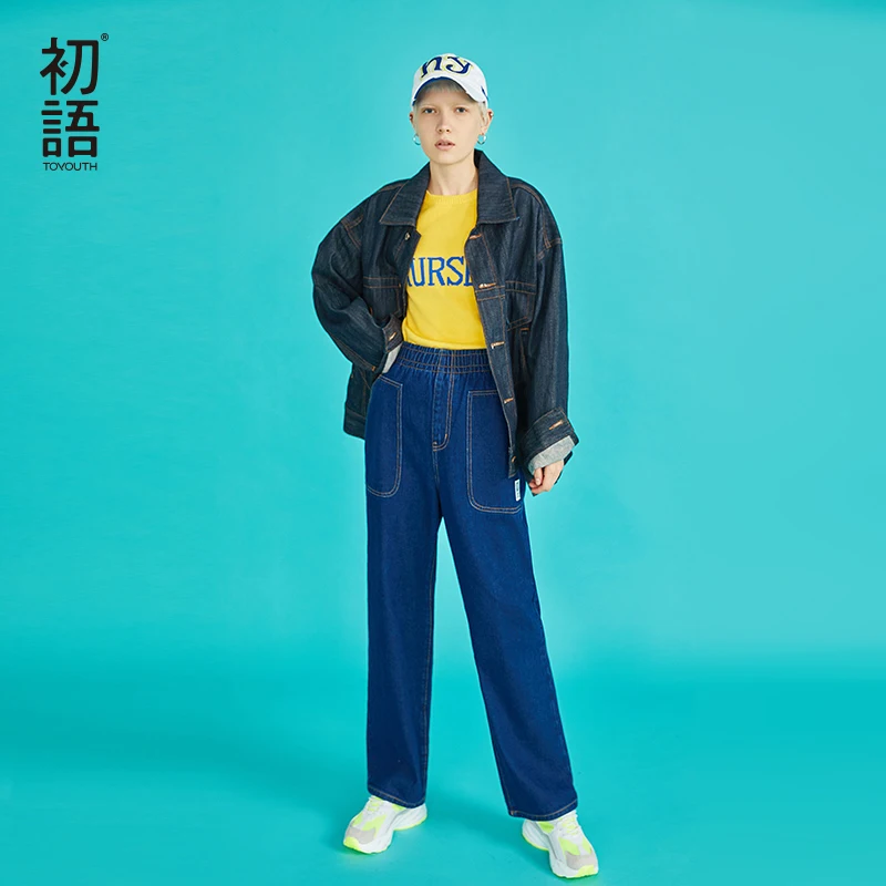 Toyouth Womens Plus Jeans Denim Wide Leg Boyfriend Loose Pants Elastic Women Casual Blue Ladies Autumn 2018 | Женская одежда