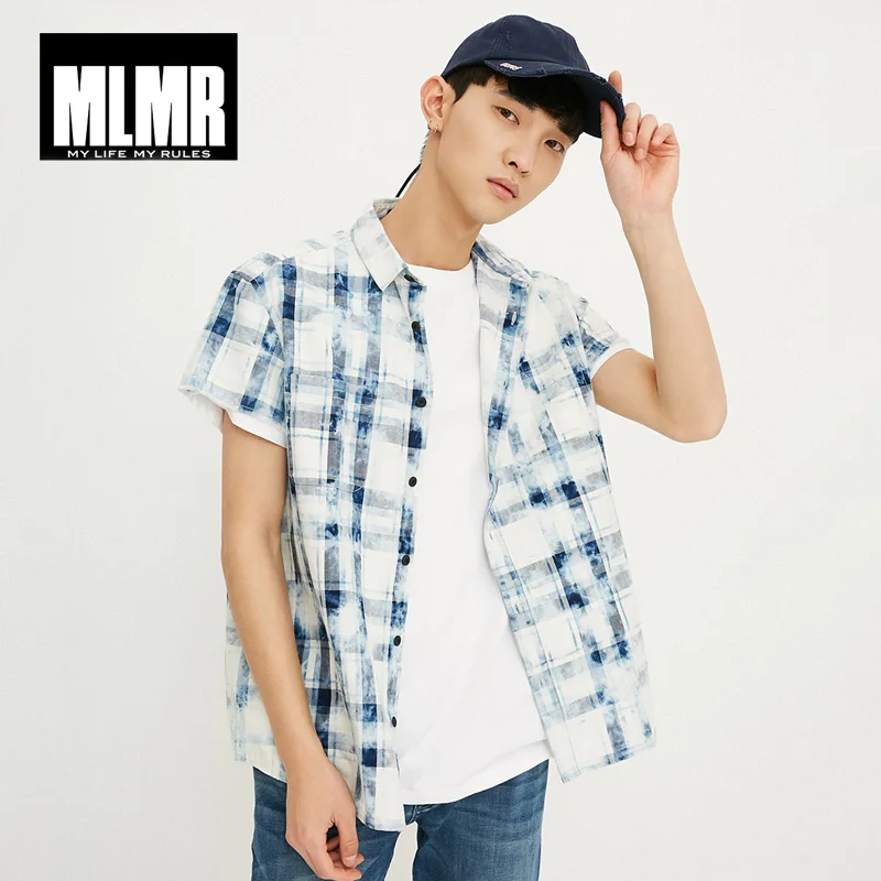 MLMR men's spring and summer new cotton loose popular semi V neck slim short sleeved shirt |218204501|Повседневные рубашки| |