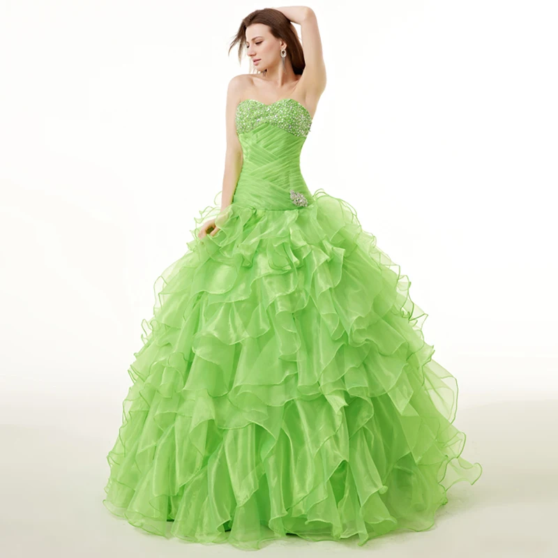 Недорогое зеленое бальное платье Quinceanera 2018 милое длиной до пола с открытыми