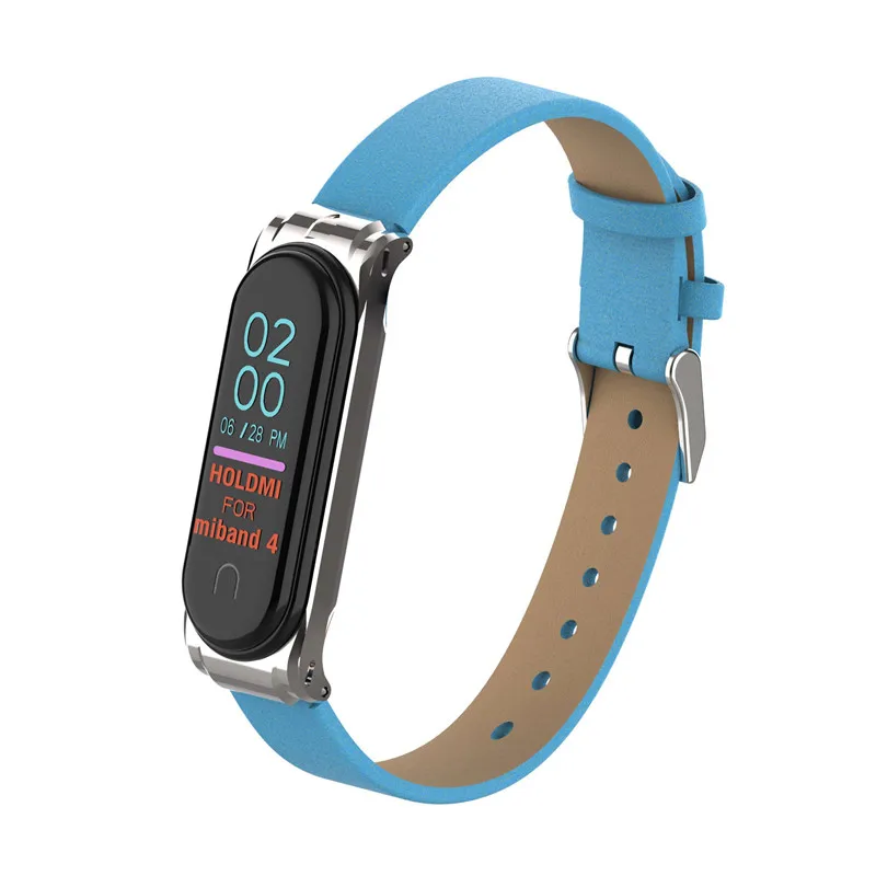 Цветной кожаный mi Band 4 3 металлический ремешок для Xiaomi mi Band 4 3 PU браслет из нержавеющей стали mi Band 4 3 сменные ремешки на запястье - Цвет: lake blue