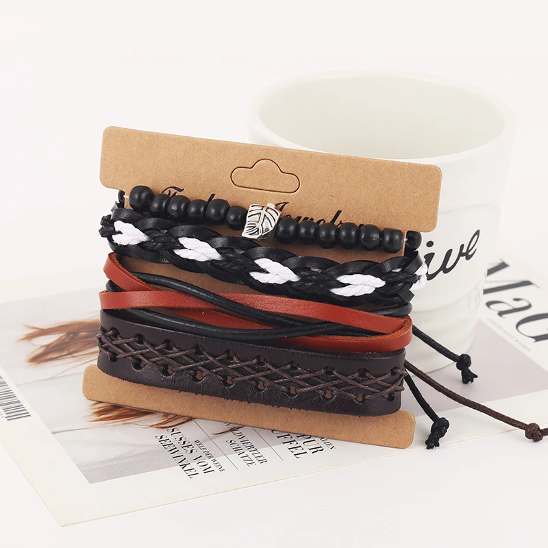 4pcs/set hippie punk black red dark brown leather braiding rope leaf charm onyx beads stackable Bracelets Bangles for man | Украшения и