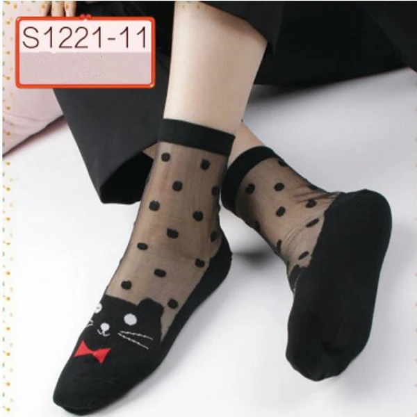 Black Dot kittent VISNXGI, 1 пара, женские кружевные носки до лодыжки, мягкие удобные прозрачные шелковые хлопковые эластичные сетчатые вязаные прозрачные женские носки с оборкой - Цвет: Black Dot kittent