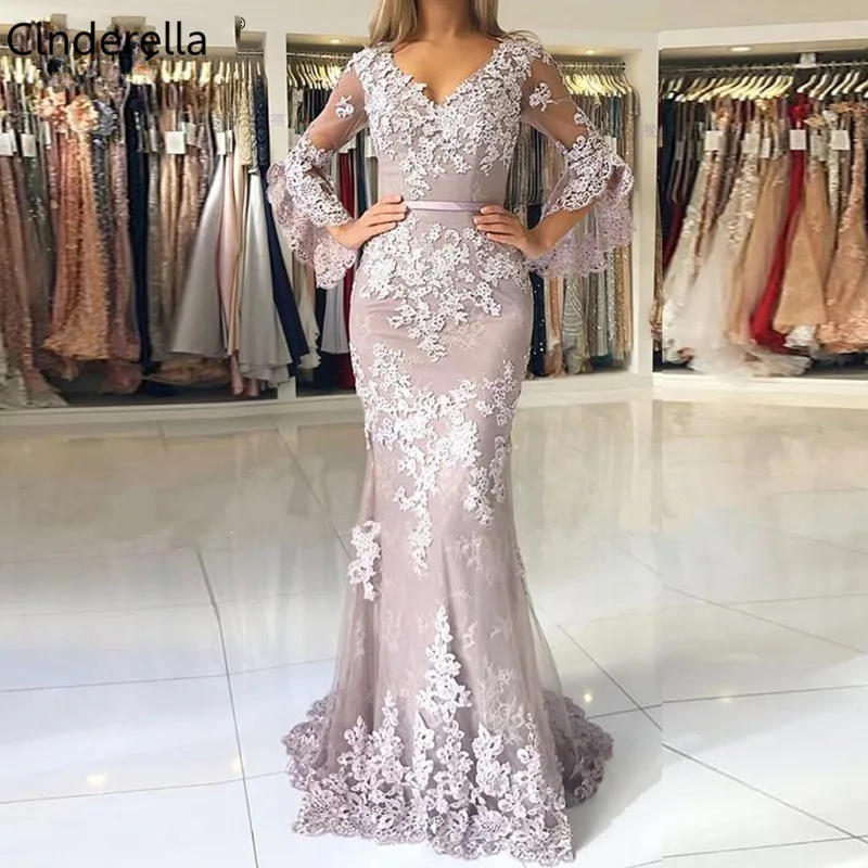 

Cinderella V-Neck Special Sleeves Sweep Train Mermaid Lace Applique Crystal Beaded Evening Dresses vestidos de fiesta de noche