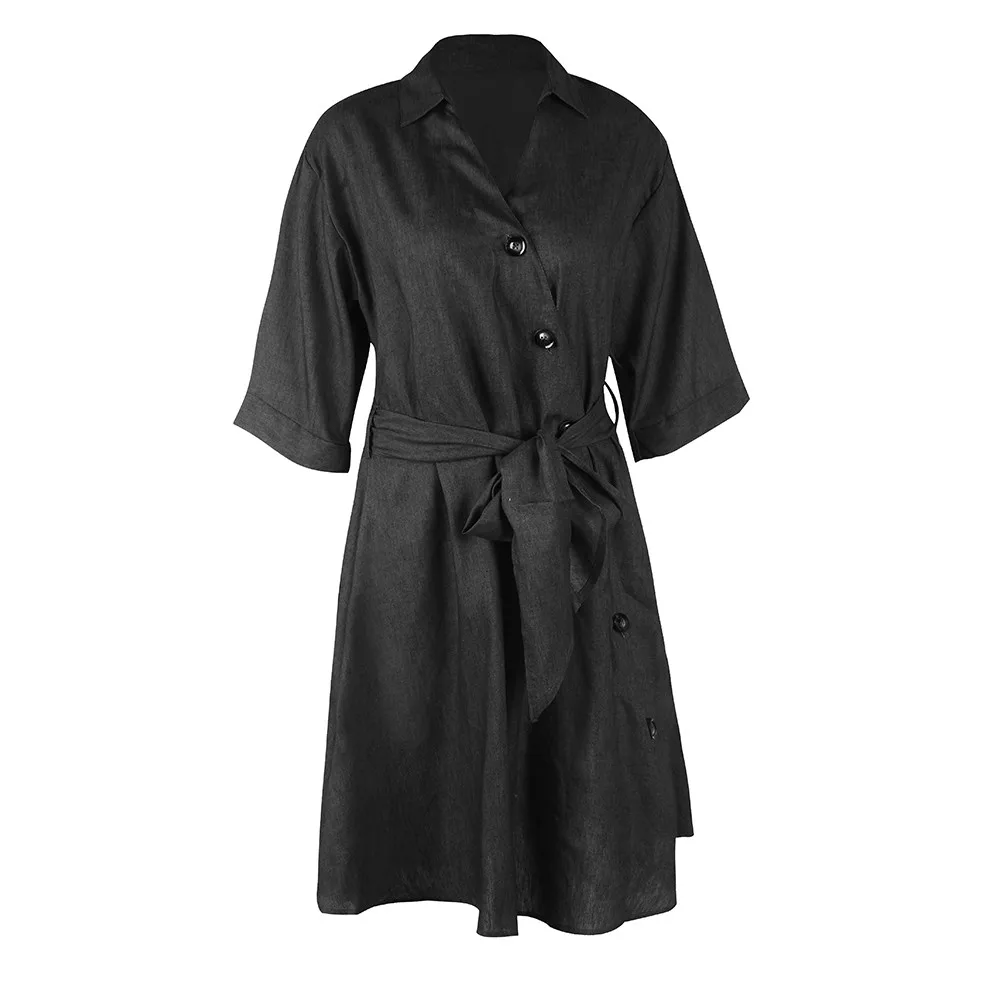 2018 Elegant Dress Sexy V-Neck Middle Sleeve Button Lace-Up Shift Bandage Cowboy Vestido Women | Женская одежда