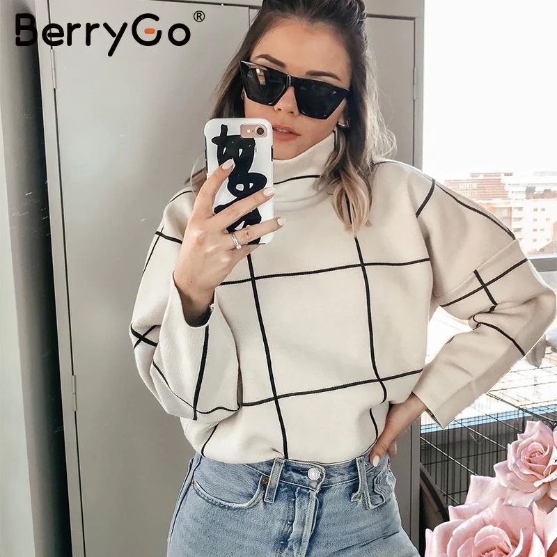 BerryGo элегантный офисный женский клетчатый пуловер свитер повседневная водолазка