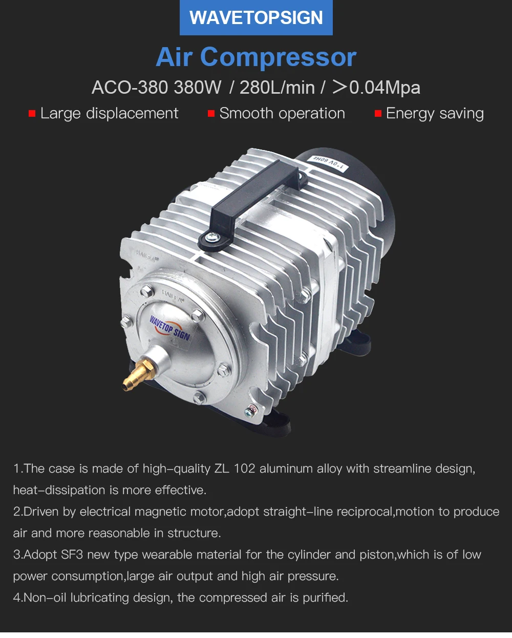 Воздушный компрессор WaveTopSign ACO-380 380 Вт 0,04 МПа 220 л/мин В 50 Гц/60 Гц для CO2 лазерной гравировки и резки