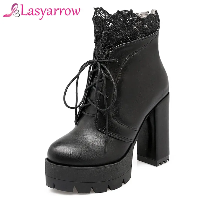 

Lasyarrow Thick High Heels Round Toe Platform Shoes Woman Chunky Thick High Heels Ladies Ankle Boots Lace Up Martin Boots F279