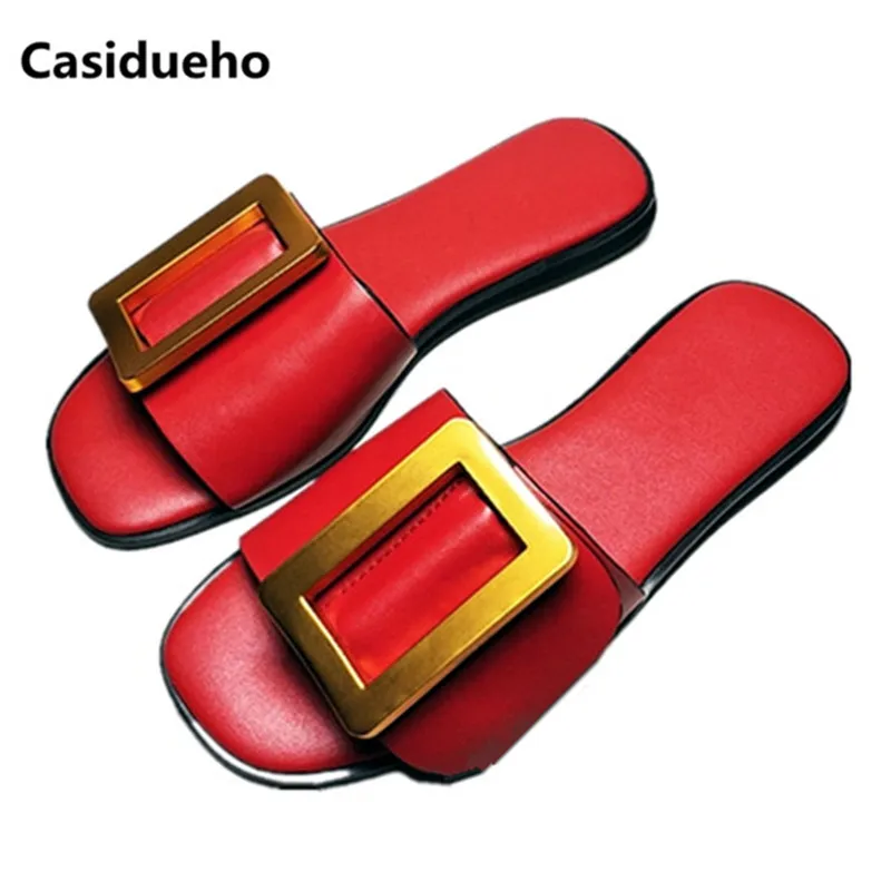 Casidueho пряжки Для женщин тапочки из мягкой кожи с открытым носком женские туфли на