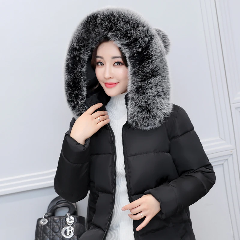 2019 Женское зимнее короткое пальто с капюшоном меховым воротником теплая Куртка