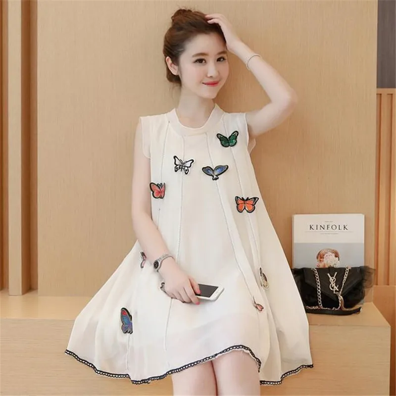 MLXSLKY Maternity Dress 2019 summer new fashion large size loose chiffon sleeveless sweet cartoon butterfly pregnant women dress | Мать и