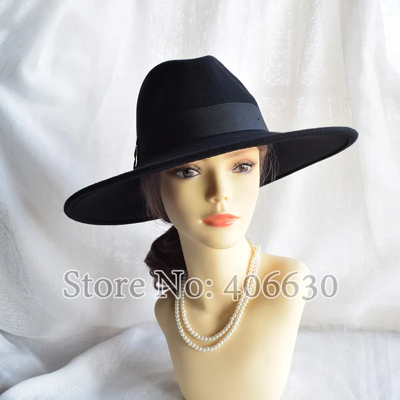 Winter Black Large Brim Wool Felt Fedora Hat For Women Chapeu Sun Beach Panama Hat Free Shipping PWFR001