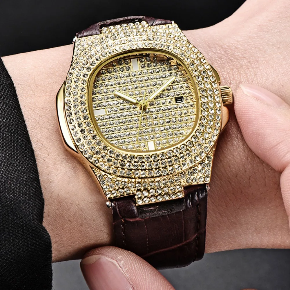 Мужские наручные часы сверкающие полностью Стразы кварцевые Iced Out золотые