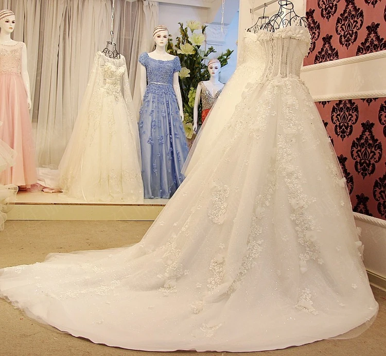 CloverBridal лодочка декольте кружева цветы аппликации вышивка бисером boned Иллюзия корсета 100 см поезд синее свадебное платье
