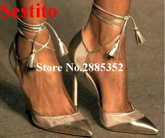 

Sestito Sexy Patchwork Cut Cross-tied Gladiator Pointed Toe High Heels 12 cm Gold Tassel Embellished Party Stage Women Pumps
