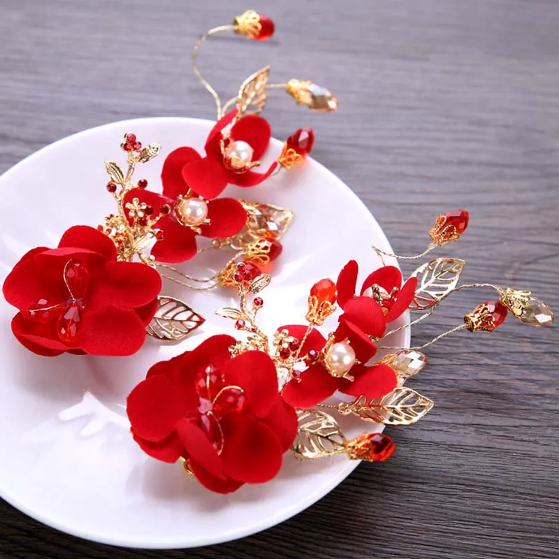 Chinese Hair Accessories Hairpins For Women Red Flower Bride Hair Clips Barrette Bridal Wedding Headwear Jewelry