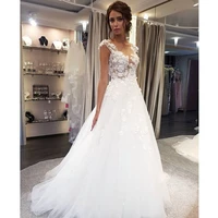 scoop wedding dresses white lace applique a line sleeveless illusion sweep train bridal gown dress with back buttons