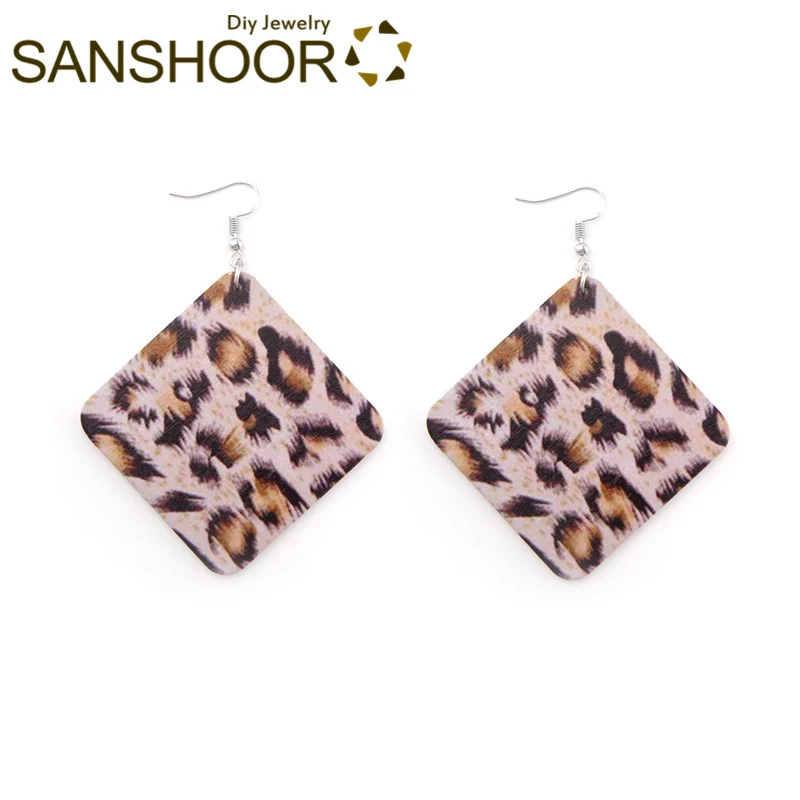 SANSHOOR Afro Square Wooden Drop Earrings With African Animal Skin Pattern Tribe Ethnic Jewelry As Women Christmas Gift 6Pairs | Украшения
