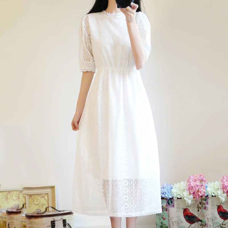 

Summer Women White Lace Long Dress Korean Chic Sweet Lace Up Slim Vestido Longo Half Sleeve Elegant Preppy Midi Dress