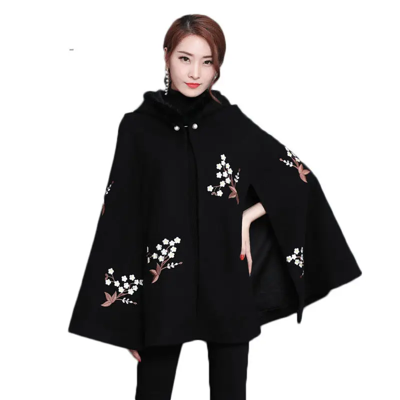 Черная накидка с вышивкой и капюшоном для женщин винтажное осенне зимнее