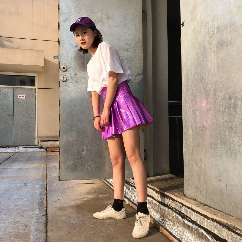 Женская плиссированная юбка Harajuku Лазерная опрятная юбка Мини Милая школьная форма Дамская Jupe из искусственной кожи кавайная юбка Saia Faldas 4DQ6101