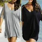 M-XXXL размера плюс женское летнее свободное черное пляжное платье с коротким рукавом и V-образным вырезом, накидка, женский пляжный Сарафан