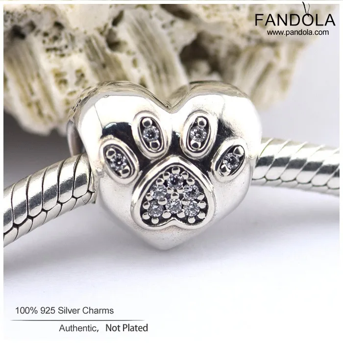 

FL244 Authentic 925 sterling silver paw heart original clear CZ silver charm for women bracelets / necklace fashion jewelry