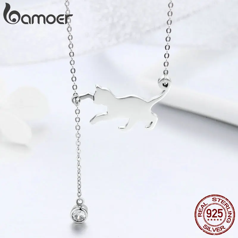 BAMOER, модная, натуральная 925 пробы, серебряная, милая, питомец, киска, цепочка для кота, подвеска, ожерелье для женщин, Стерлинговое Серебро, ювелирное изделие, SCN232