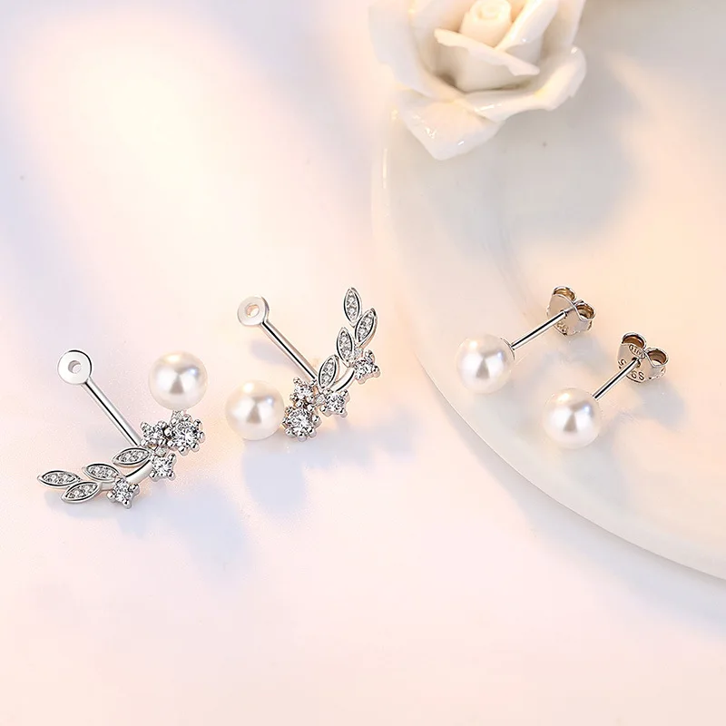 

100% 925 sterling silver fashion shiny crystal pearl design ladies' stud earrings wholesale jewelry gift drop shipping