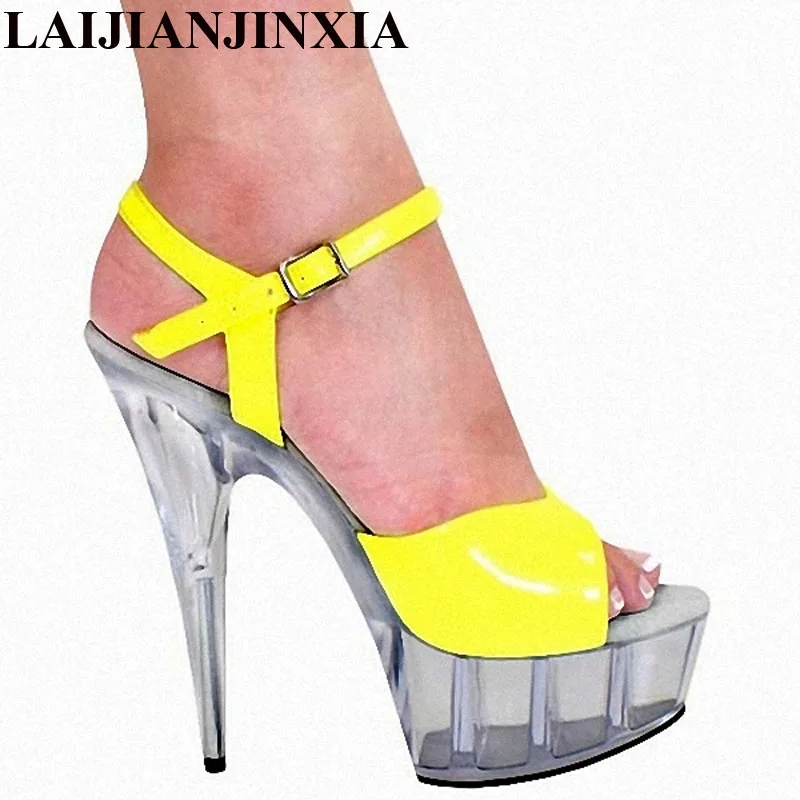 

Fashion candy color 15 cm high with the bottom of the ribs crystal fish mouth sandals women's sandals temptation
