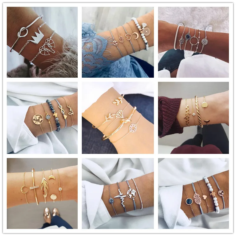 

10 Style Boho Bangle Classical Heart Shell Star Moon Bow Map Crystal Bead Bracelet Women Charm Party Wedding Jewelry Accessories