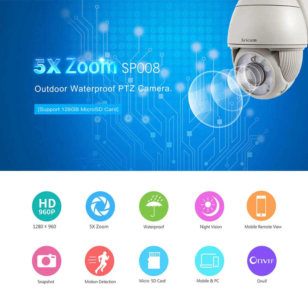 SRICAM SP008 960 P H.264 wi fi IP камера беспроводной ONVIF ИК Ночное Видение обнаружения