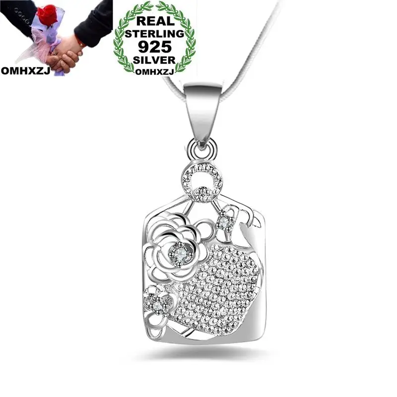 

OMHXZJ Wholesale Personality Fashion Woman Girl Party Gift Silver Square AAA Zircon 925 Sterling Silver Pendant Necklace NC117
