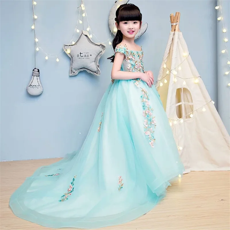 

2020 New Girls Shoulderless Wedding Party Tulle Princess Birthday Dress First Communion Ball Gown Dress for Children and Girls