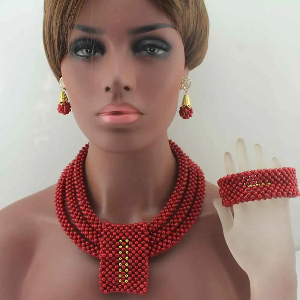 2019 Nigerian wedding african coral beads jewelry sets for brides Coral Necklace Red Dubai big fashion jewelry sets W13939