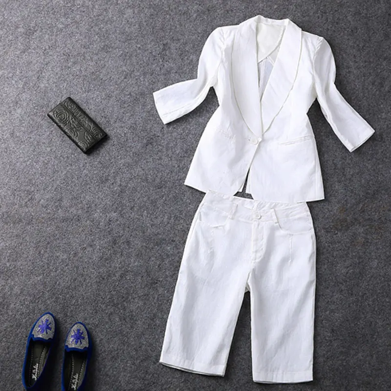 

2019 Spring Autumn Women'S Fashion Linen Three Quarter Sleeve Small Suit Blazer Jacket And Capris Set White Pink Twinset S -XL