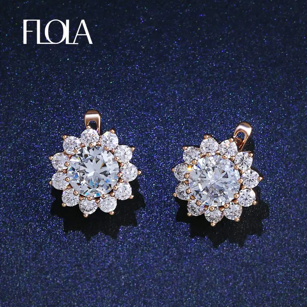 Женские серьги гвоздики с фианитом FLOLA золотистого цвета 585 пробы цветком для