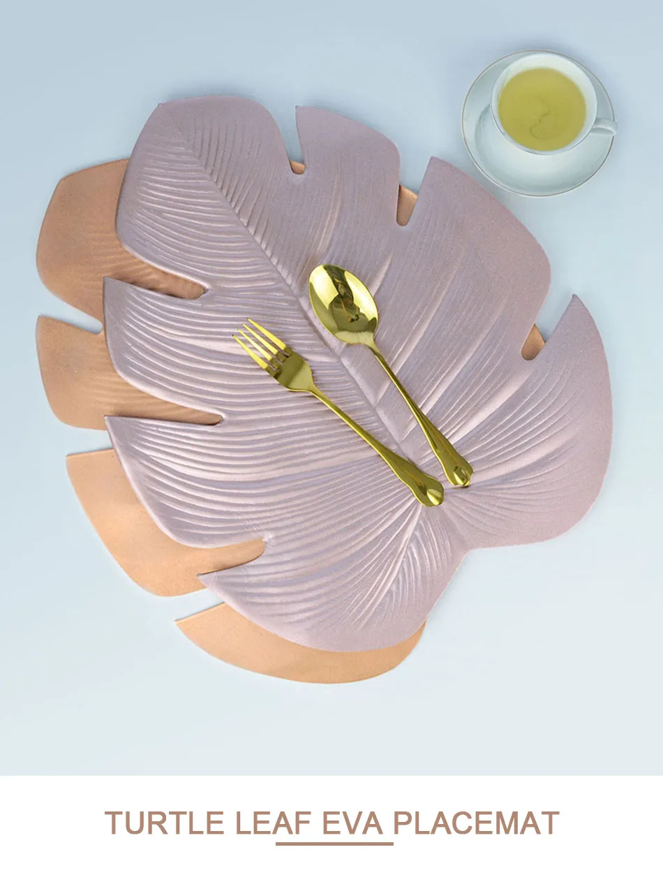 Creative PVC Placemat Simulation Plant Palm Leaf Table Mat Pink Gold Heat Insulation Waterproof Pad Home Christmas Decoration