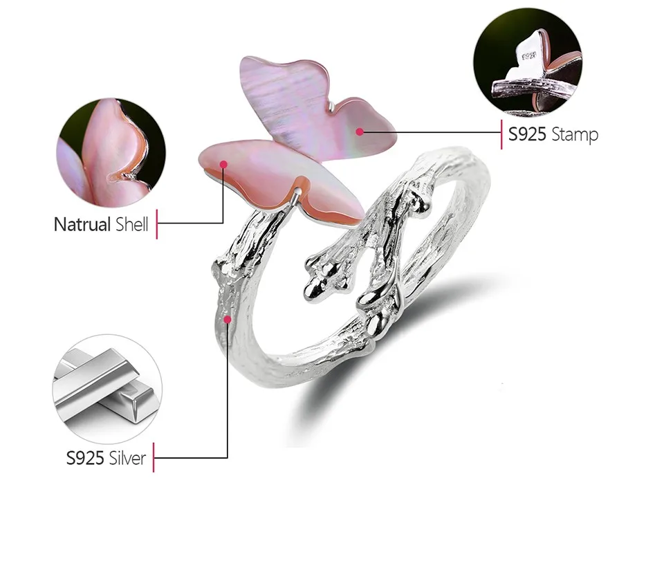 Lotus Fun, настоящее 925 пробы, серебряное кольцо, натуральный дизайн, хорошее ювелирное изделие, милая бабочка на ветке, открытые кольца для женщин