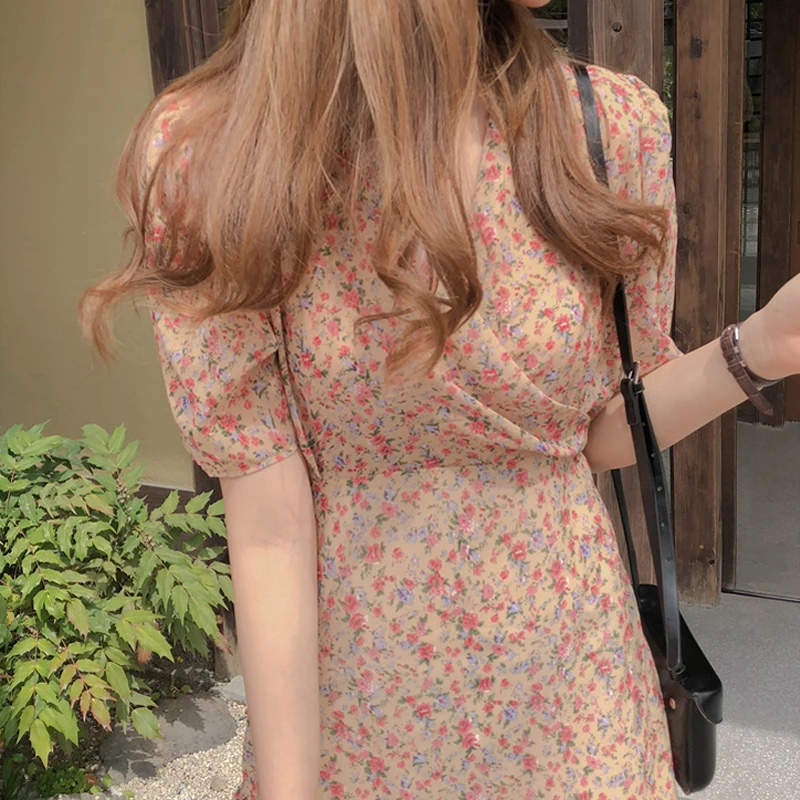 Женское винтажное короткое платье BGTEEVER шифоновое с оборками коротким рукавом и