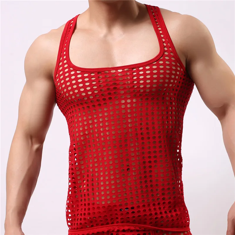 Men's Underwear Tight Vest Undershirt Sleeveless Hollow Out Breathable See Through Shirt Elastic Muscle T-shirt Undershirts