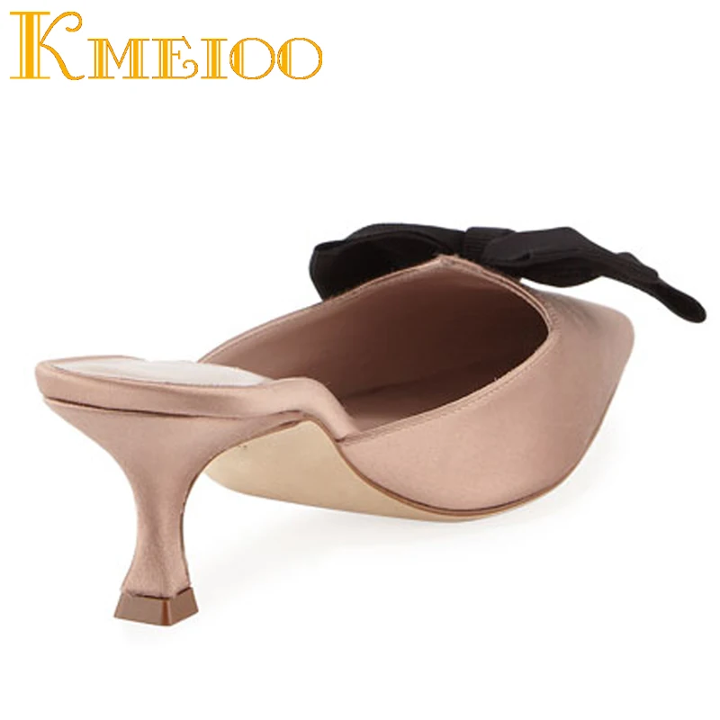 Мюли Kmeioo женские туфли лоферы заостренный носок каблук кошка с бабочкой без