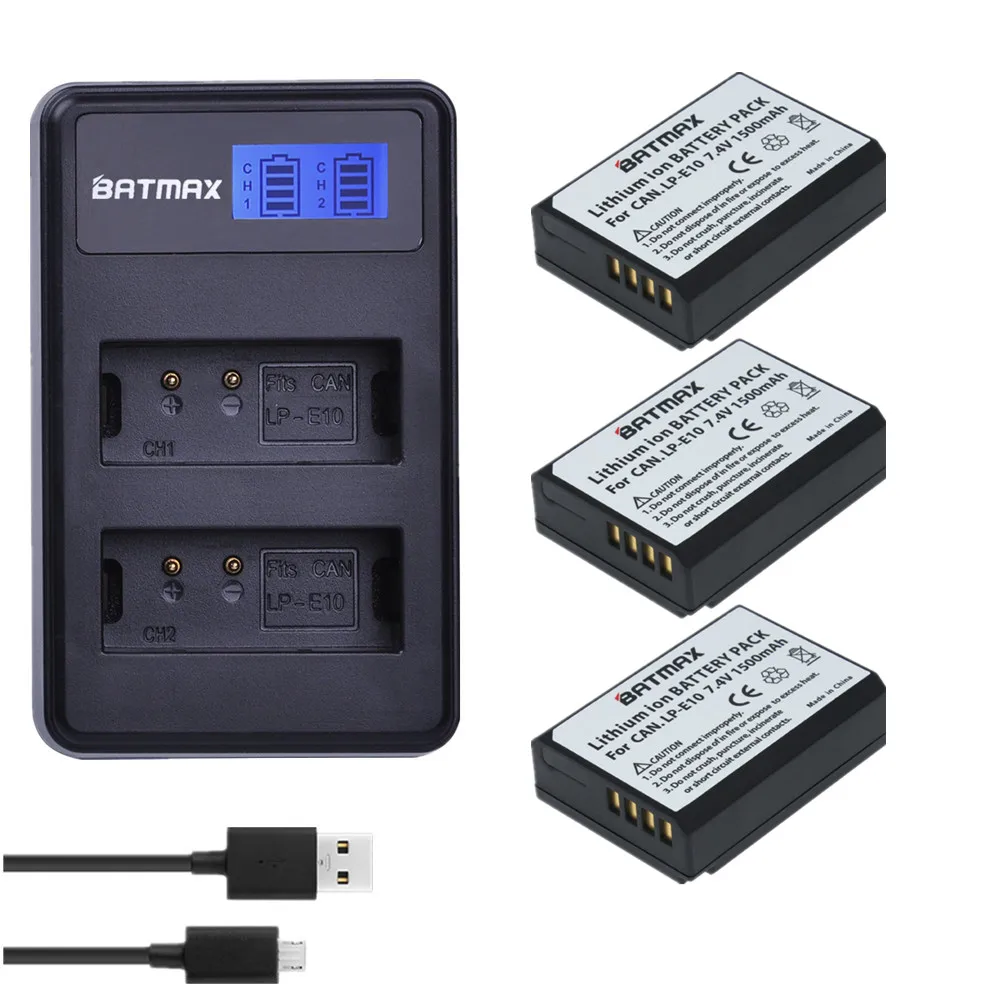 

Batmax 3pcs LP-E10 LP E10 Digital Battery+LCD Dual USB Charger for Canon EOS 1100D 1200D Kiss X50 X70 Rebel T3 T5